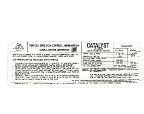 Corvette Emission Control Decal, L82, 1977