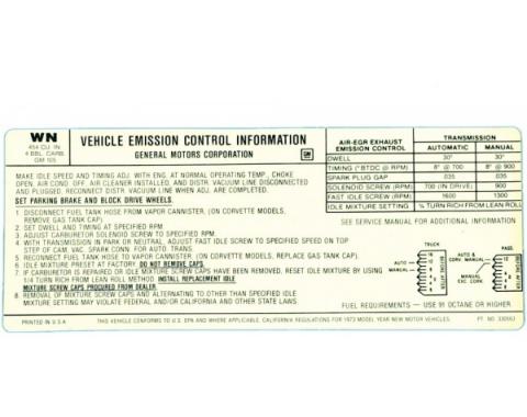 Corvette Emission Control Decal, 454ci, 1973