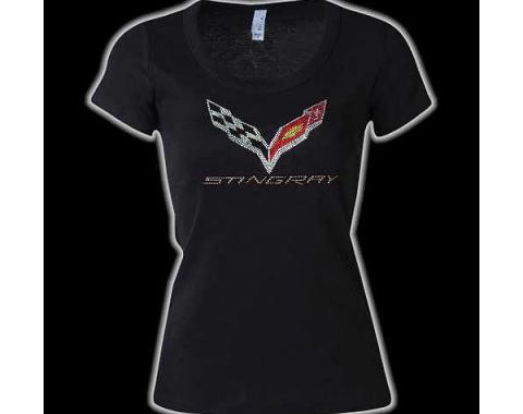 Corvette Ladies Scoop Neck Rhinestone Stingray Flag Logo T-Shirt
