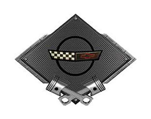 Corvette C4 1991-1996 Emblem Metal Sign, Black Carbon Fiber, Crossed Pistons, 25" X 19"