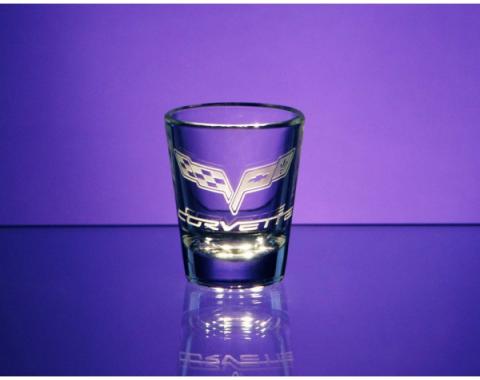 Corvette Shot Glass, Tapered, 1.5 Ounce, 1953-2013 CorvetteDesigns | Corvette Shot Glass, Tapered, 1.5 Ounce, 2005-2013 Crossed Flags With Lettering