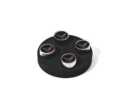 Corvette Valve Stem Caps With Crossed Flags Logo, Black, 2014-2017