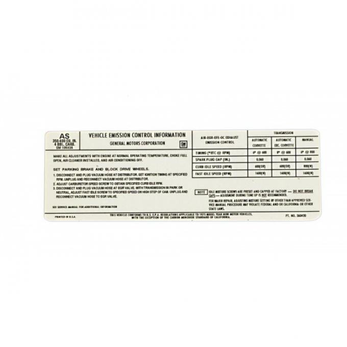 Corvette Federal Emission Control Decal, L48, 1975