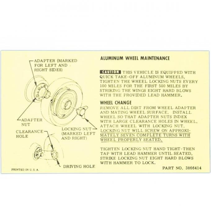 Corvette Knock-Off Wheel Maintenance Card, 1965-1966