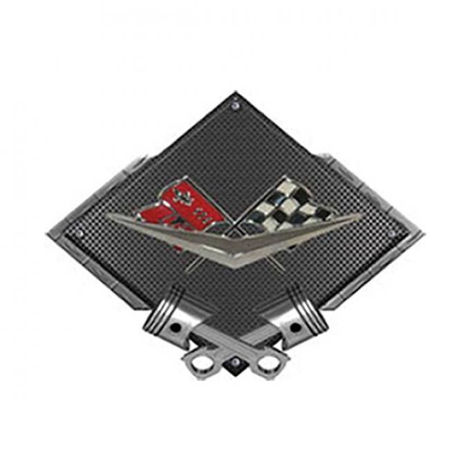 Corvette C1 1961 Emblem Metal Sign, Black Carbon Fiber, Crossed Pistons, 25" X 19"