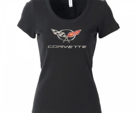 Corvette C5 Corvette Logo Rhinestone Ladies Tee Shirt, Black