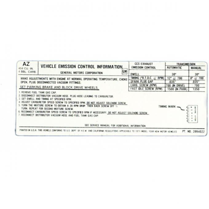 Corvette Emmision Control Decal, LS6, 425hp, 1971