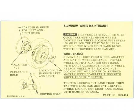 Corvette Knock-Off Wheel Maintenance Card, 1965-1966