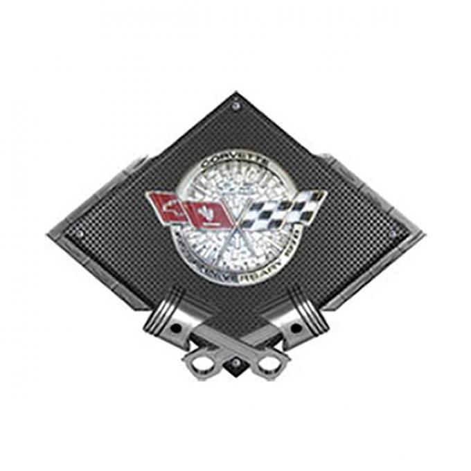 Corvette C3 1978 Anniversary Emblem Metal Sign, Black Carbon Fiber, Crossed Pistons, 25" X 19"