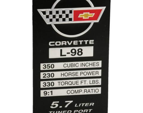 Corvette Console Performance Specifications Plate, L98, 1985