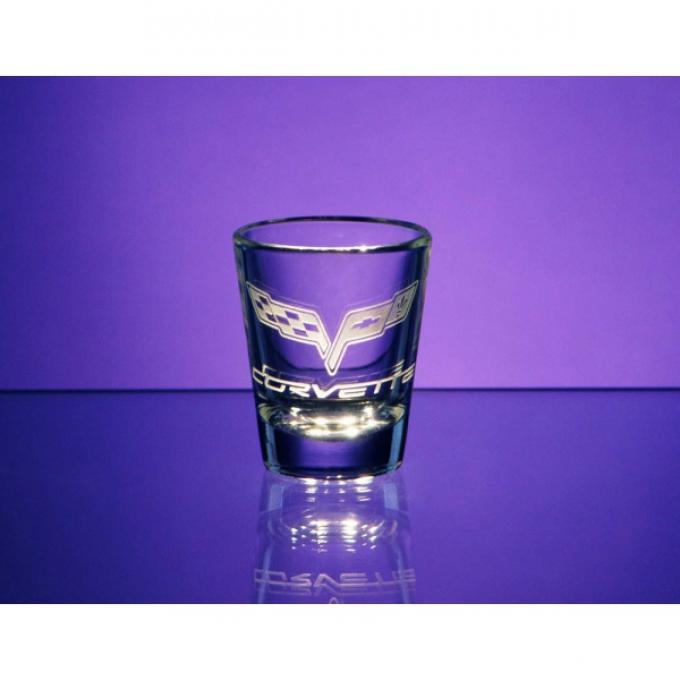 Corvette Shot Glass, Tapered, 1.5 Ounce, 1953-2013 CorvetteDesigns | Corvette Shot Glass, Tapered, 1.5 Ounce, 2005-2013 Crossed Flags With Lettering