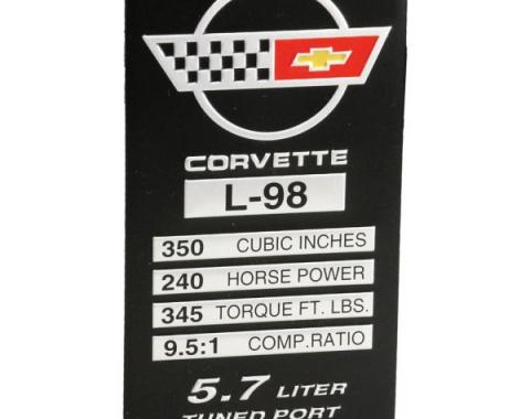Corvette Console Performance Specifications Plate, L98, 1987