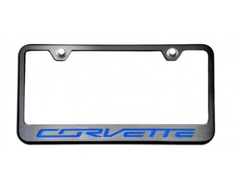 American Car Craft Rear Tag Frame, Black, With Brushed Stainless "Corvette" Lettering, Colored| 052083 Corvette Stingray 2014-2017