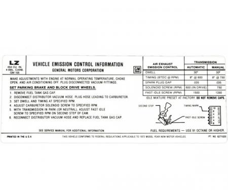 Corvette Emission Control Decal, 454ci, 1972