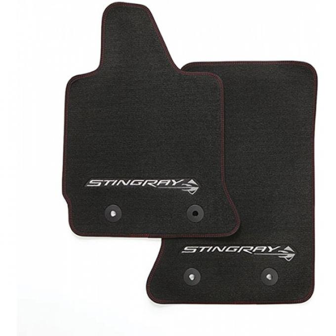 Corvette Stingray Front Floor Mats, Black With Red Outline & Stingray Logo, 2014-2017