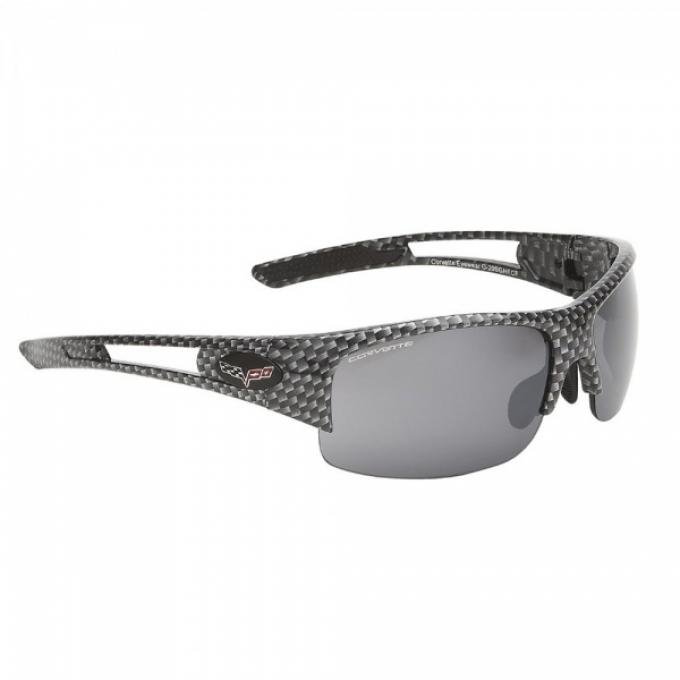 Corvette Eyewear® C6 Rx Capable Rimless Sunglasses,Simulated Carbon Fiber, Smoke Flash Mirror Lenses With MicroFiber Case