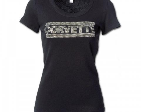 Corvette Rhinestone Ladies Tee Shirt, Black With Silver Rhinestones