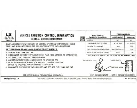 Corvette Emission Control Decal, 454ci, 1972