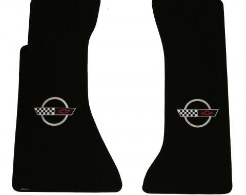 Corvette Floor Mats, 2 Piece Lloyd® Velourtex™, with Silver Corvette Logo, Black Carpet, 1991-1996