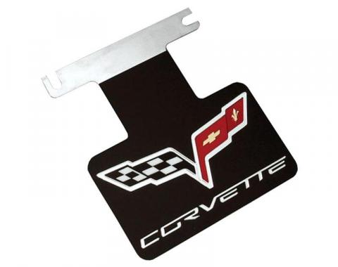 Corvette Exhaust Enhancer Plate, Stainless Steel, With Black Background, Crossed-Flags Logo & Corvette Word, 2005-2013