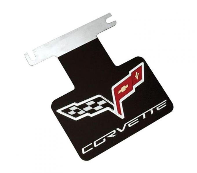 Corvette Exhaust Enhancer Plate, Stainless Steel, With Black Background, Crossed-Flags Logo & Corvette Word, 2005-2013