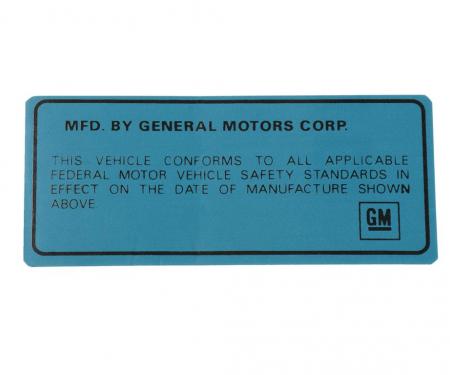 Corvette Decal, Vehicle Certification Label, Back of Door, 1969-1975