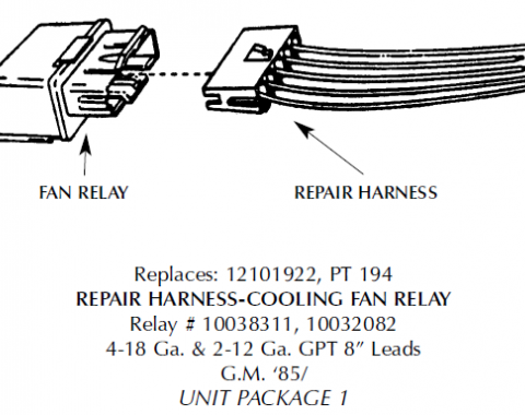 Corvette Repair Harness, Cooling Fan Relay, 1984-1987