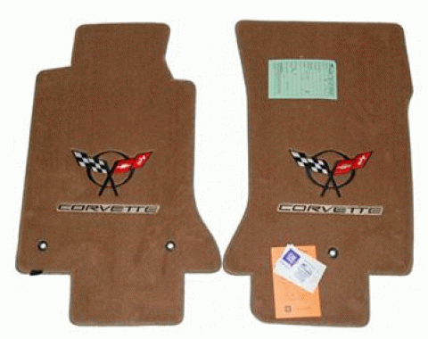 Corvette Floor Mats, 2 Piece Lloyd® Velourtex™, with Black Corvette Flags & Script, Light Oak Carpet, 1997-2004