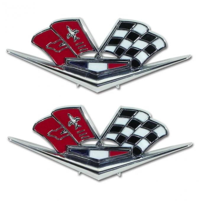 Trim Parts 63 Late Corvette 66 Front Fender X-Flag Emblem, Pair 5218