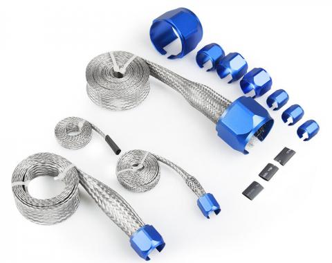 Redline Restomotive® Universal Hose Cover Kit, Stainless Steel Braided, with Blue Clamps