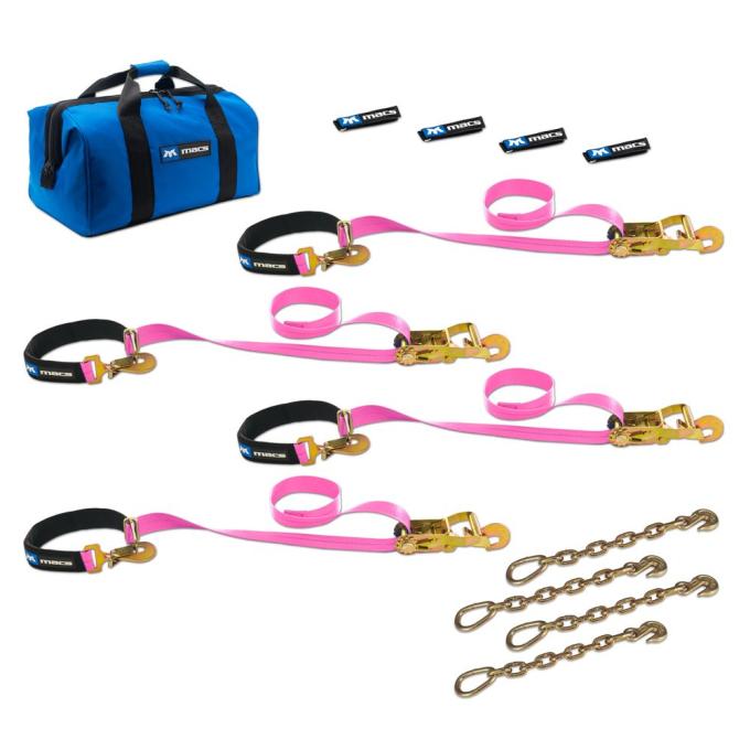 Race Ramps 2 x 6 Super Pack Tie-Down Strap Kit with Integrated Axle Straps, Direct Hook Ends & Chain Extension Ends - Pink 519126