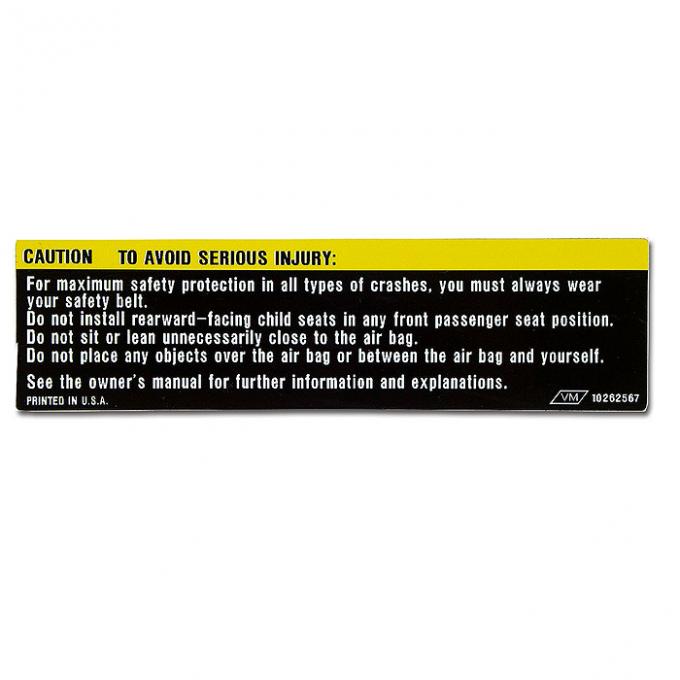 Corvette Sunvisor Air Bag Warning Label, 1990-1996