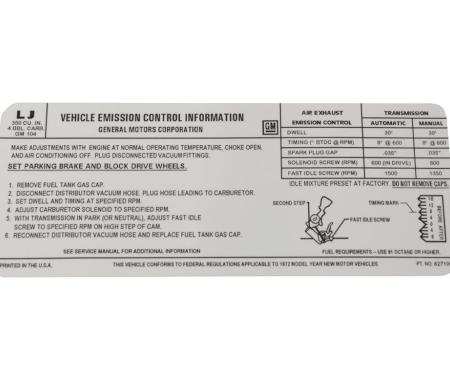 72 Emission Decal - 350 Base Engine (LJ)