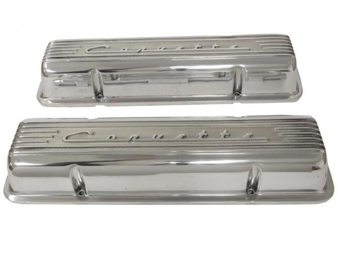 56-59 Valve Covers - 283 Ribbed w/Corvette Script & Fins Polished Sand Cast