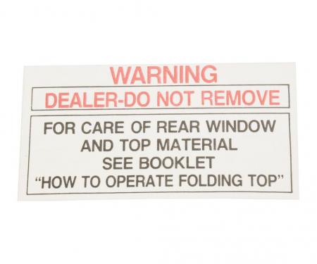 53-75 Soft Top / Convertible Top Rear Window Warning Tag