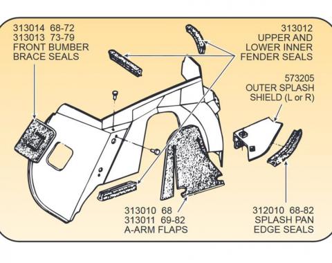 68-82 Front A-Arms / Control Arms Flaps with Push In Fasteners (Set of 2)