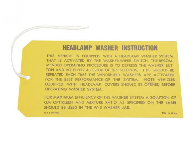 69-70 Headlight Washer Instruction Card - Hang Card