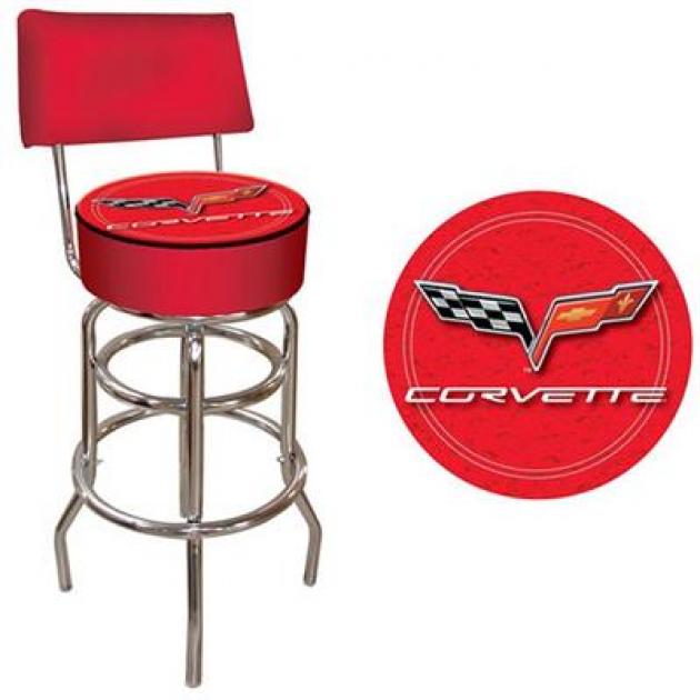Counter Stool Red With Back Rest And C6 Logo Motor City Vettes