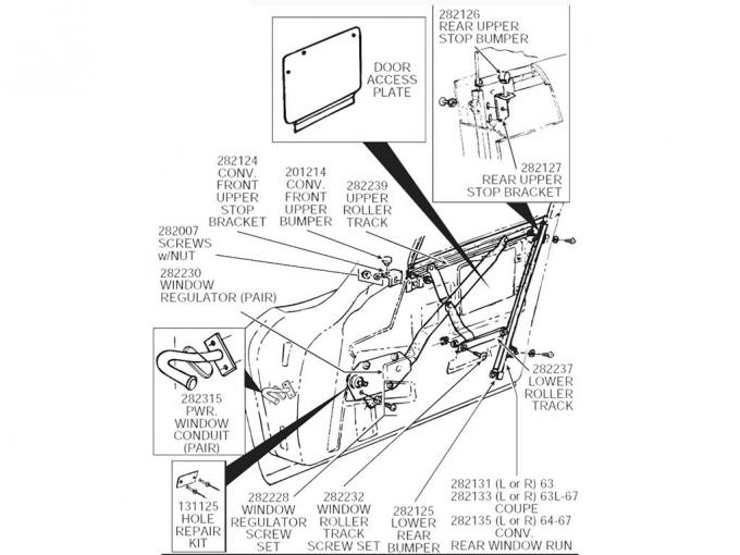 63-67 Left Coupe Door Rear Window Run / Track