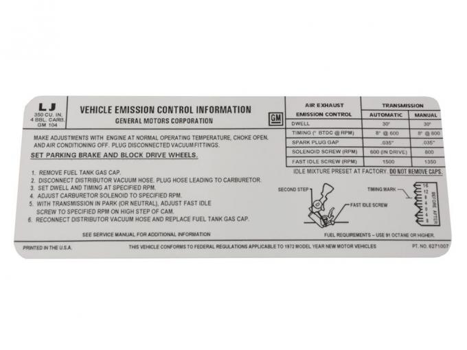 72 Emission Decal - 350 Base Engine (LJ)