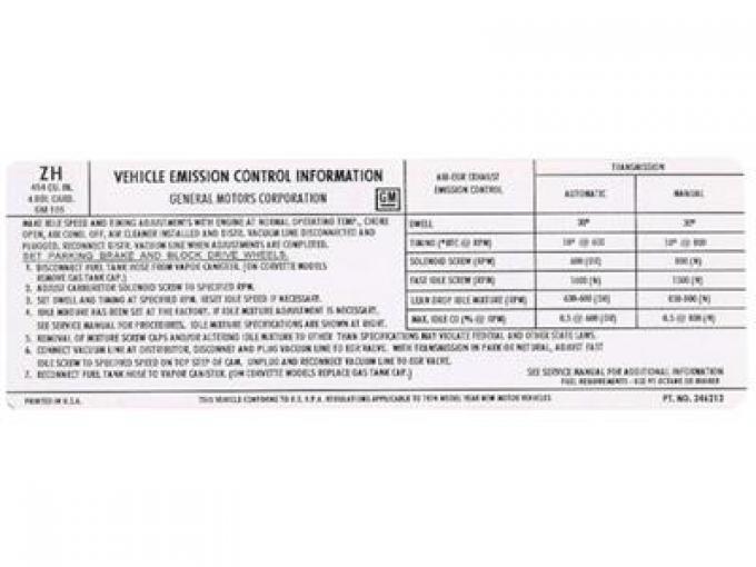 74 Emission Decal - 454 Federal (ZH)