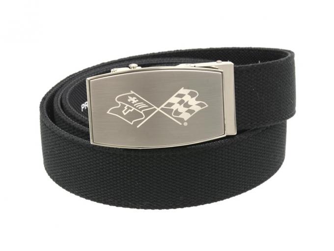 Nexbelt Corvette Crossflag Pewter Buckle Black Belt