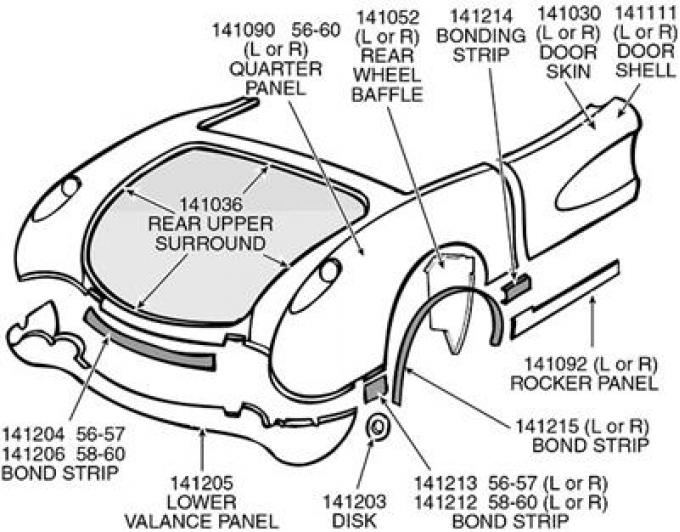 56-60 Quarter Panel Bonding Strip - Left Front Rear To Rocker Press Moulded