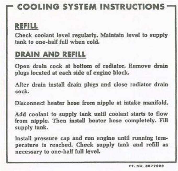 65-67 Cooling System Instructions Decal- 65 396 And 67 L88