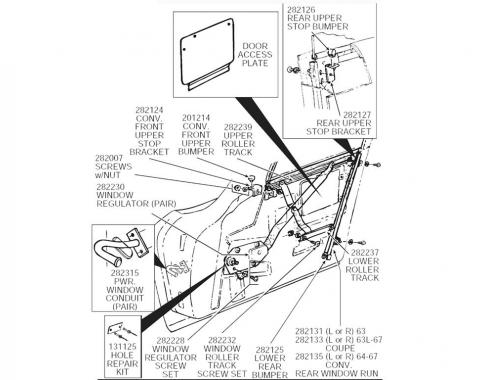 63-67 Left Coupe Door Rear Window Run / Track