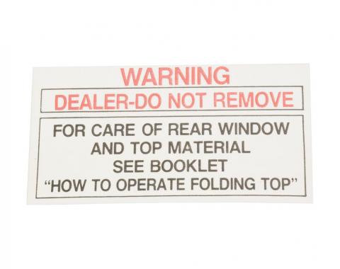 53-75 Soft Top / Convertible Top Rear Window Warning Tag