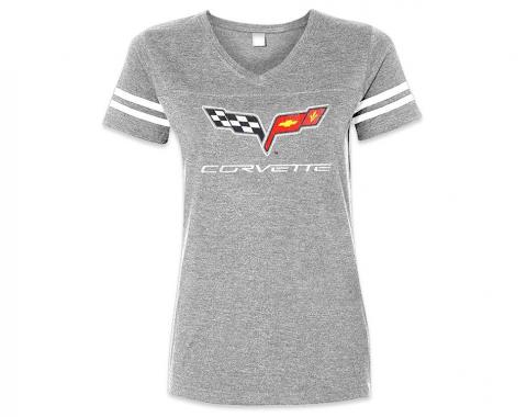 T-Shirt C6 Logo Ladies Gray Striped Sleeve