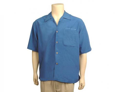 Shirt Blue Cubavera Camp Embroidered Script