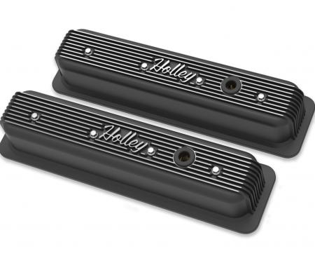 Holley Vintage Finned Valve Cover, "" Script, SBC, Center Bolt, Satin Black Machined 241-247