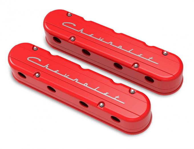 Holley 2-Piece "Chevrolet" Script Valve Cover, Gen III/IV LS, Gloss Red Machined 241-179